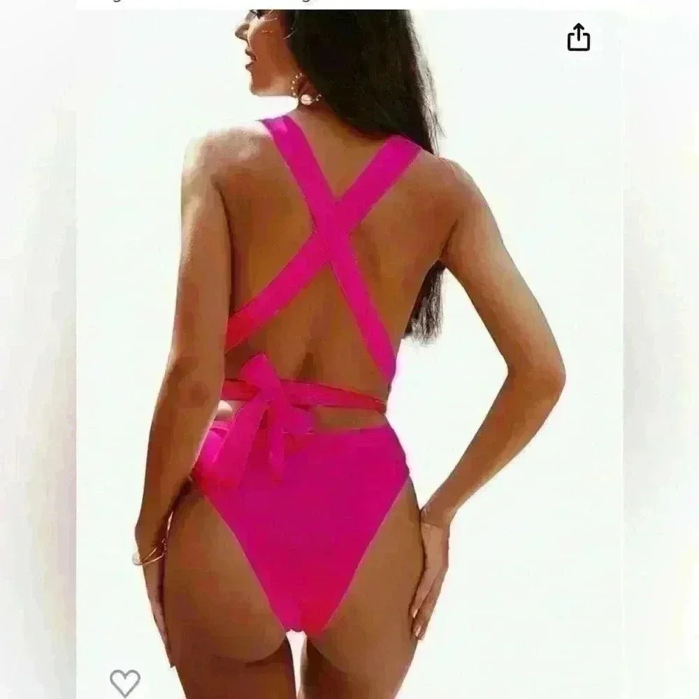 Lilosy Sexy Tie Criss Cross Plunge One Piece Thong Swimsuit High Cut Brazilian L - Picture 2 of 10